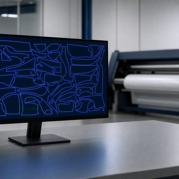 Automotive body panel cutting paths displayed on a monitor beside a film cutting machine