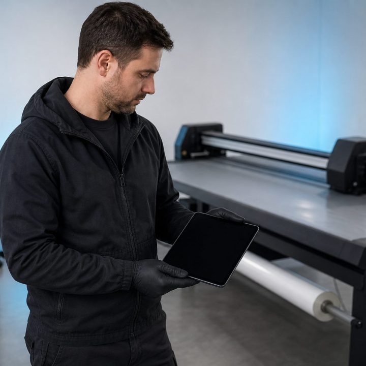 Technician with a tablet beside a flatbed film cutting machine in a workshop